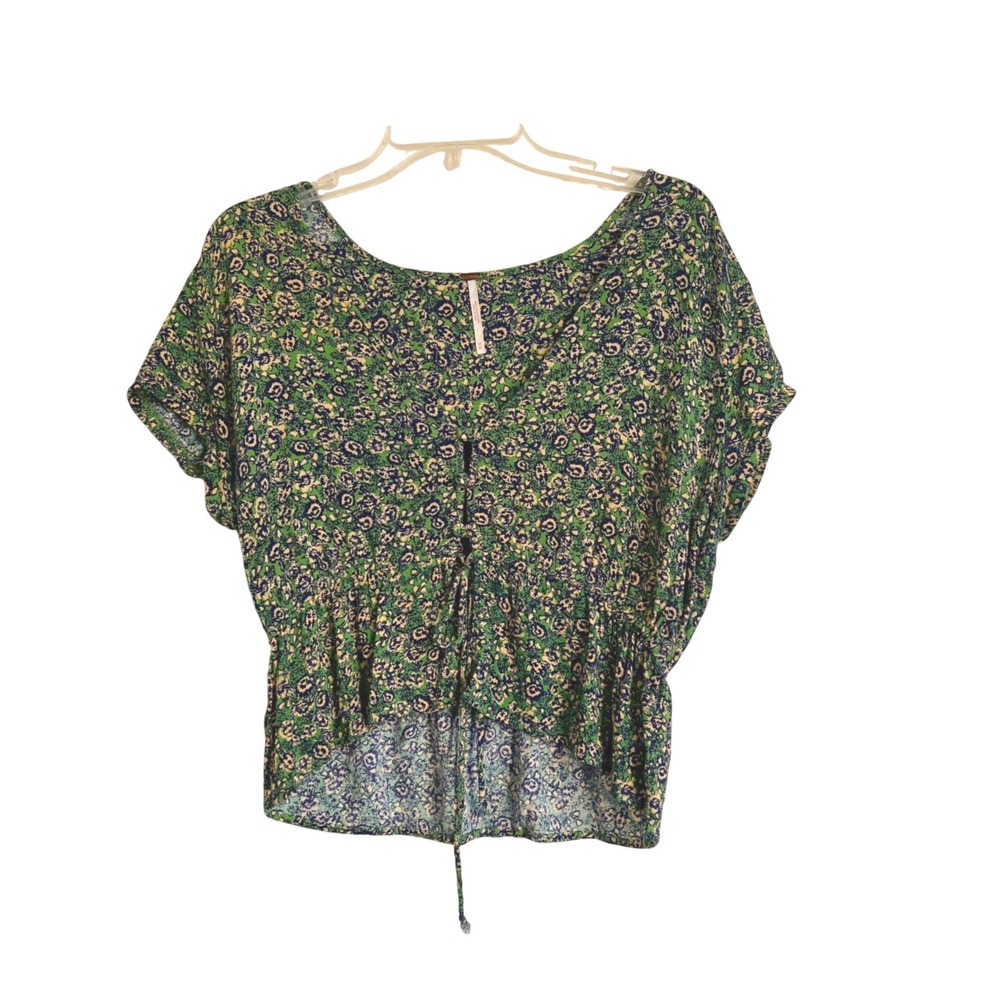 Free‎ People All Dolled Up Green Floral Peplum Blouse Drawstring Top 
 M EUC